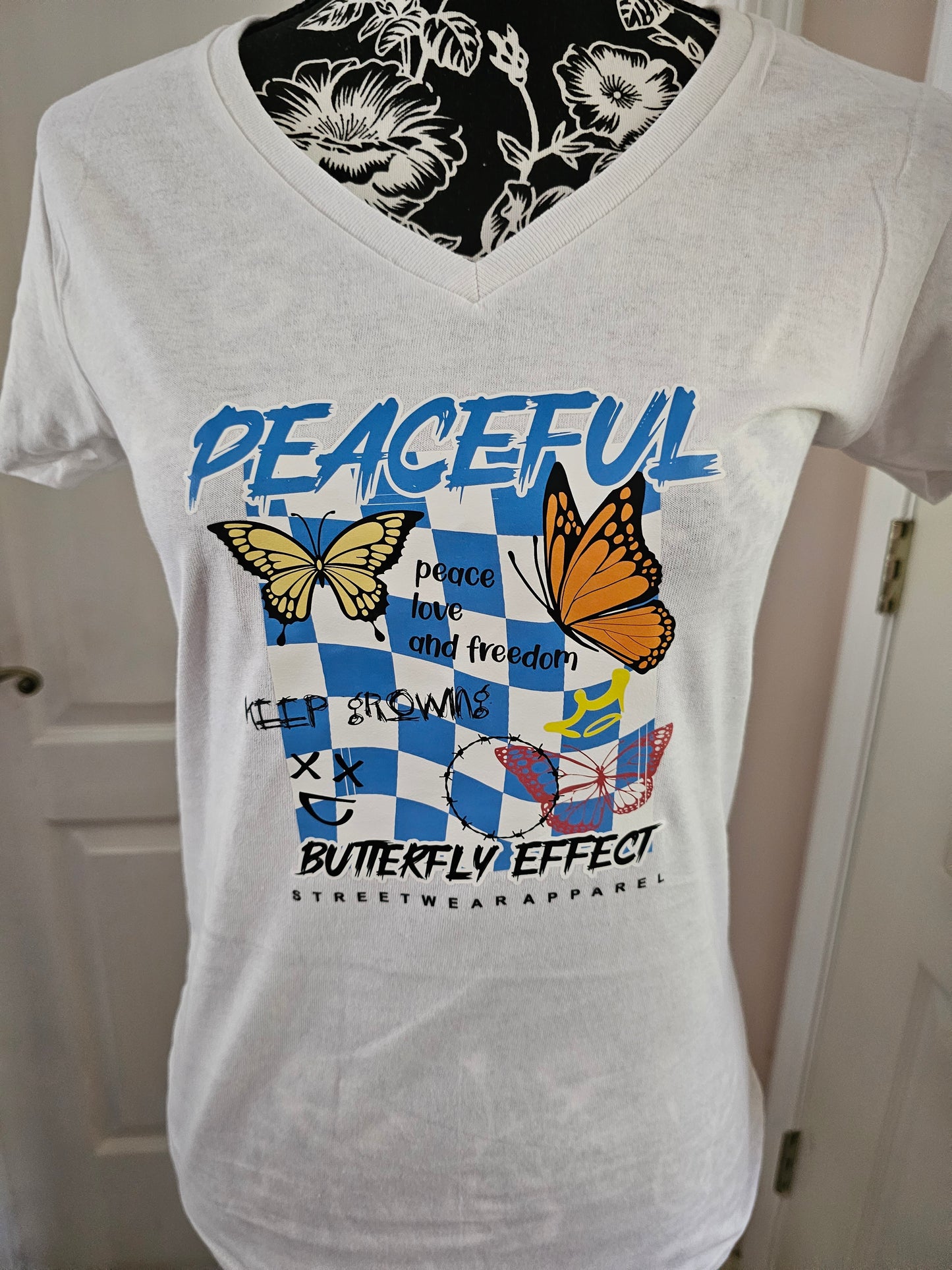 Peaceful  Butterfly V Neck 🦋  Effect Handmade Graphic T Shirt