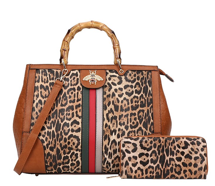 Leopard Bamboo Handle Large Satchel Set with wallet