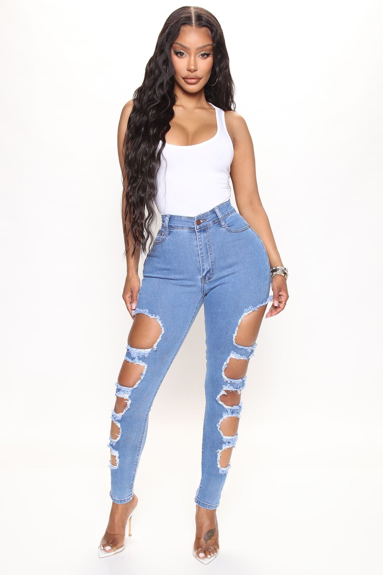 Around The Block Distressed Skinny Jeans Blue Wash