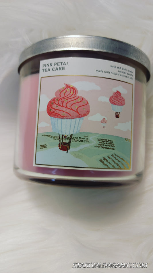 Bath and Body Works Pink Petal Tea Cake 3Wick Candle Made with Natural Essential Oil