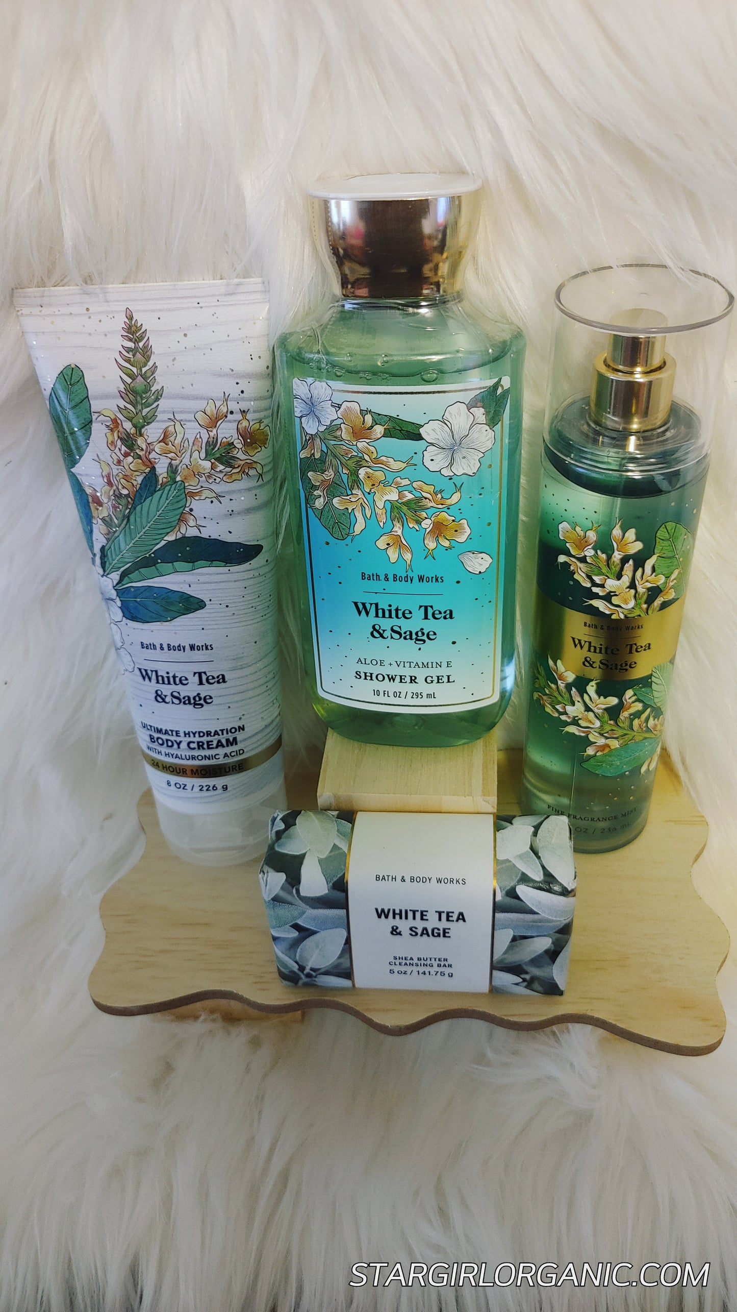 Bath and Body Works 4PC White Tea & Sage Fragrance Mist, Body Lotion, Shower Gel and Soap Bar Sets